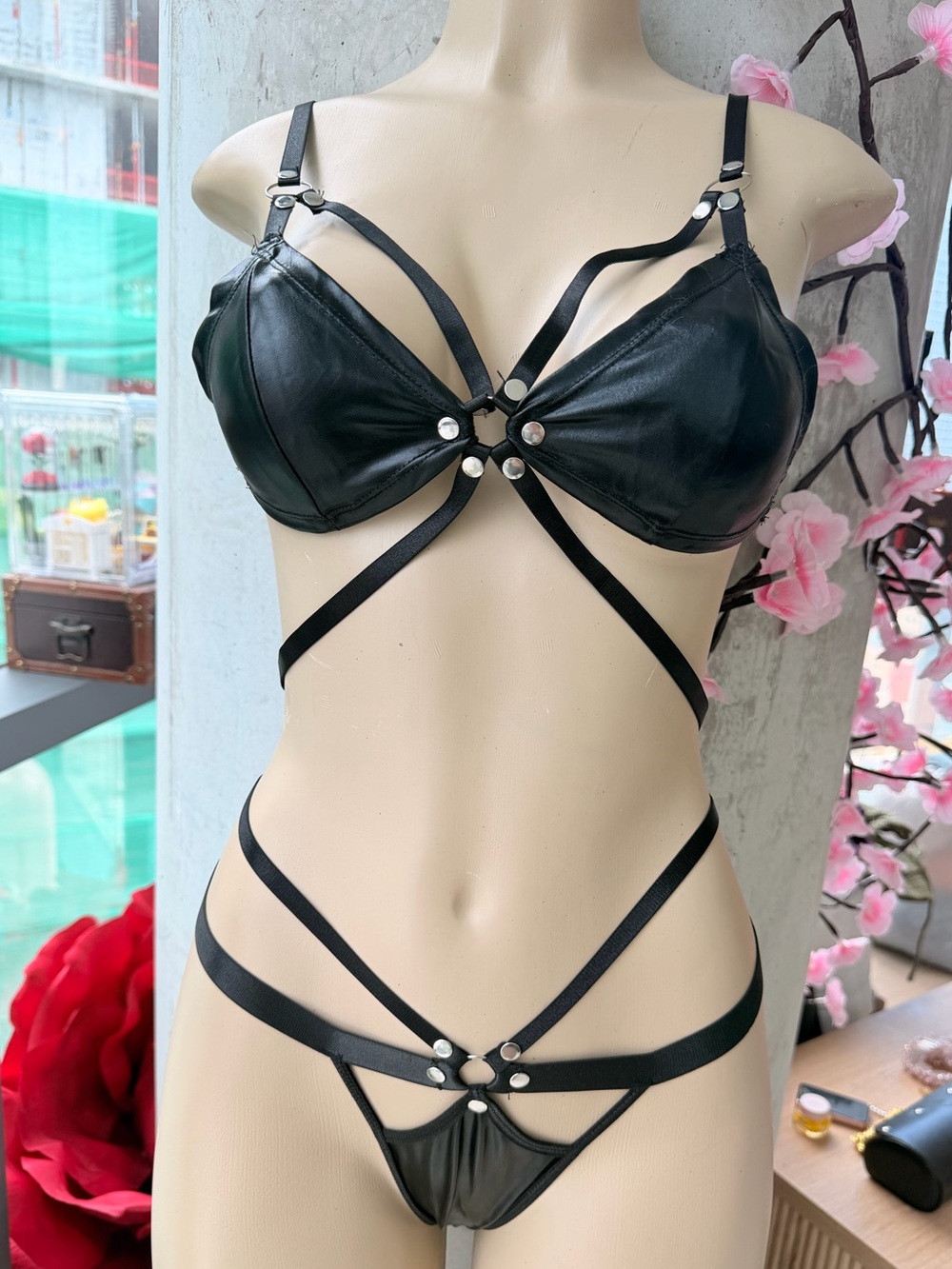 Fashion Nova Strappy Black Pleather Bra Thong Lingerie Set Size Small